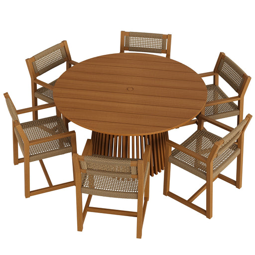 Modway Reed 7-Piece Outdoor Teak Wood Dining Set in Natural - front view