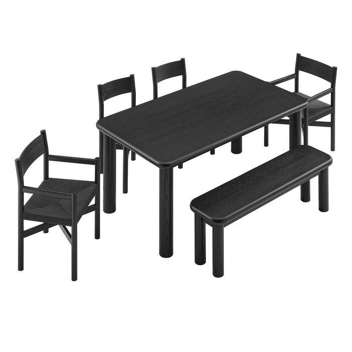 Modway Alvia 6-Piece Oak Wood Dining Table and Seating Set in Black - front view