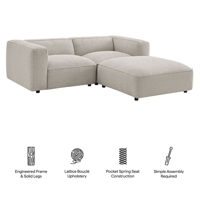 Modway Auren 3 Piece Lattice Bouclé Upholstered Modular Loveseat with Ottoman in Fog - dimensions and specifications