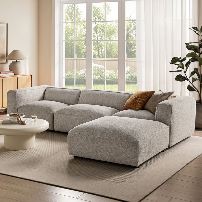 Modway Auren 4 Piece Lattice Bouclé Upholstered Modular Sofa with Ottoman in Fog - side view