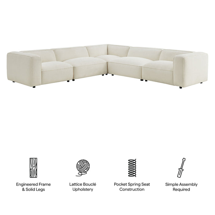 Modway Auren 5 Piece Lattice Bouclé Upholstered Modular Corner Sectional in Cream - dimensions and specifications