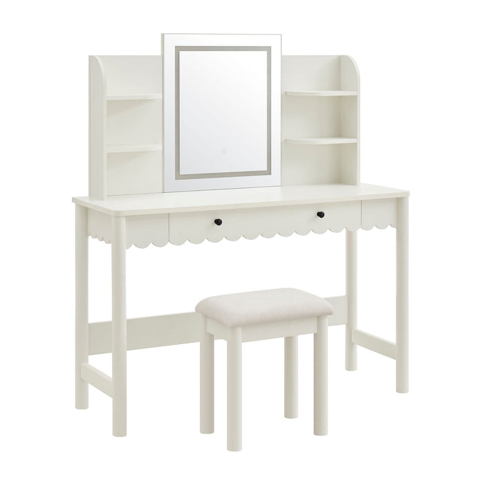 Emmeline Scalloped Makeup Vanity Desk With LED Mirror and Stool White Ivory