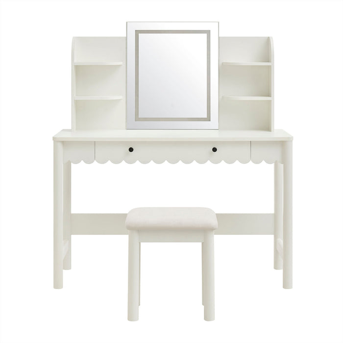 Emmeline Scalloped Makeup Vanity Desk With LED Mirror and Stool White Ivory