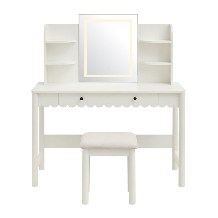 Emmeline Scalloped Makeup Vanity Desk With LED Mirror and Stool White Ivory