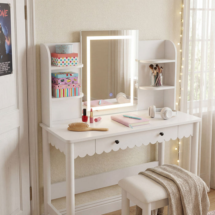 Emmeline Scalloped Makeup Vanity Desk With LED Mirror and Stool White Ivory