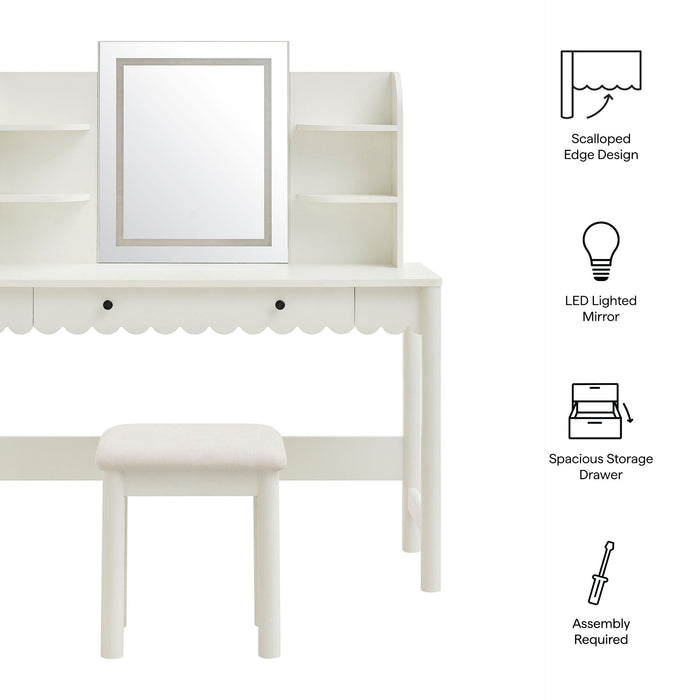 Emmeline Scalloped Makeup Vanity Desk With LED Mirror and Stool White Ivory