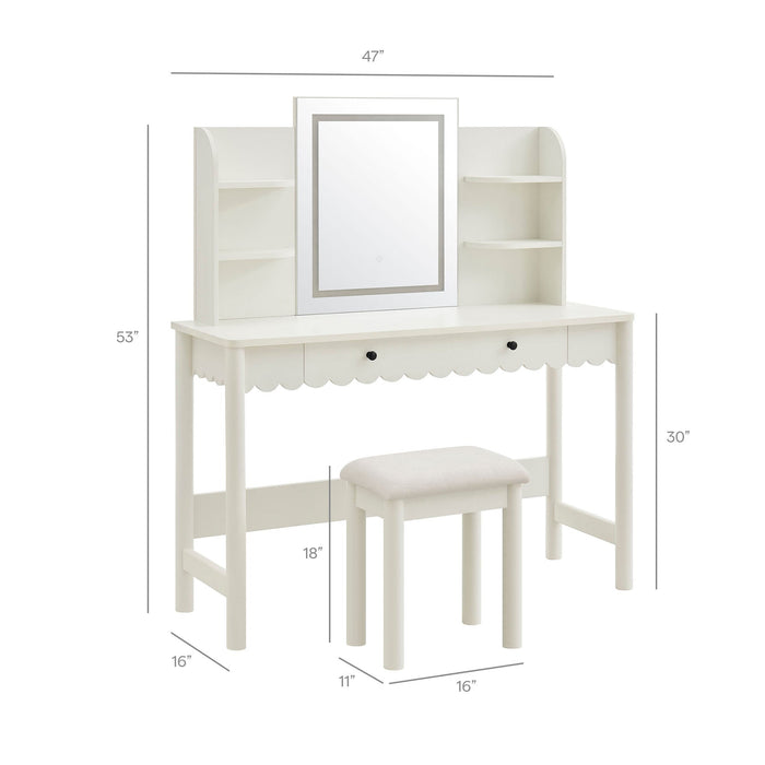 Emmeline Scalloped Makeup Vanity Desk With LED Mirror and Stool White Ivory