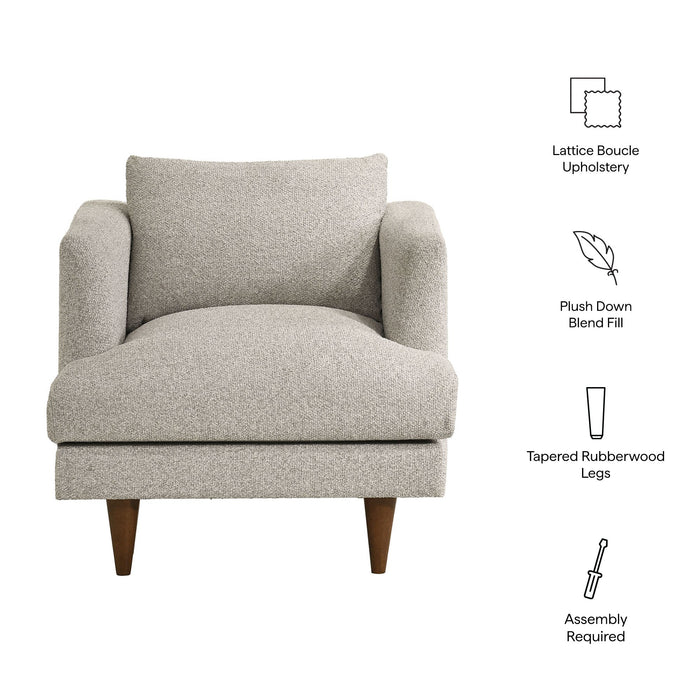 Modway Zoya Down Filled Overstuffed Boucle Armchair in Fog - dimensions and specifications