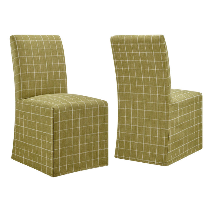 Modway Aster Linen Cotton Blend Slipcovered Dining Chairs Set of 2 in Artichoke Windowpane Check - front view