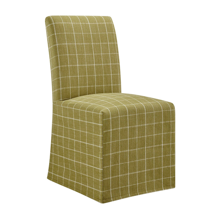 Modway Aster Linen Cotton Blend Slipcovered Dining Chairs Set of 2 in Artichoke Windowpane Check - angled view