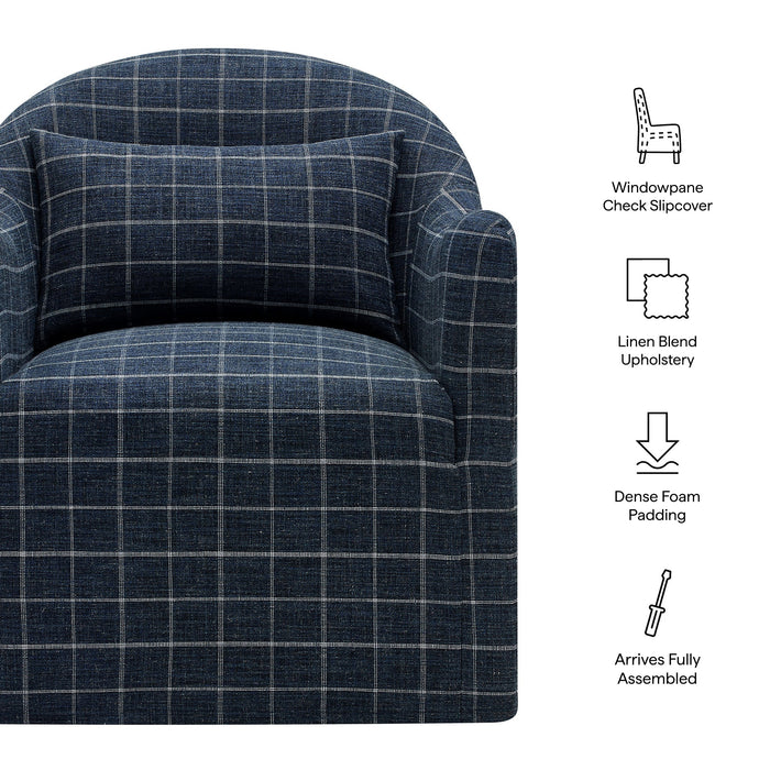Modway Bardot Slipcovered Linen Blend Accent Chair in Denim Windowpane Check - dimensions and specifications