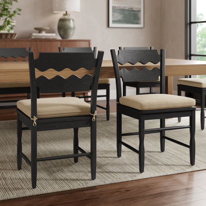 Jax Oak Wood Dining Chair With Wavy Razor Back and Cushion Set of 2 Black Linen