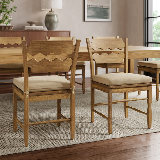 Jax Oak Wood Dining Chair With Wavy Razor Back and Cushion Set of 2 Weathered Oak Linen