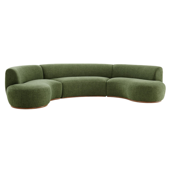 Modway Rialta 3 Piece Curved Slub Weave Fabric Sectional Sofa in Foliage - front view