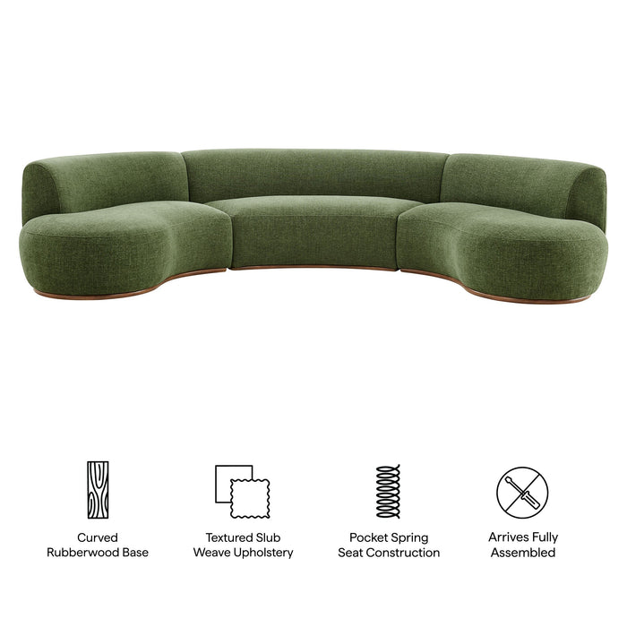 Modway Rialta 3 Piece Curved Slub Weave Fabric Sectional Sofa in Foliage - dimensions and specifications