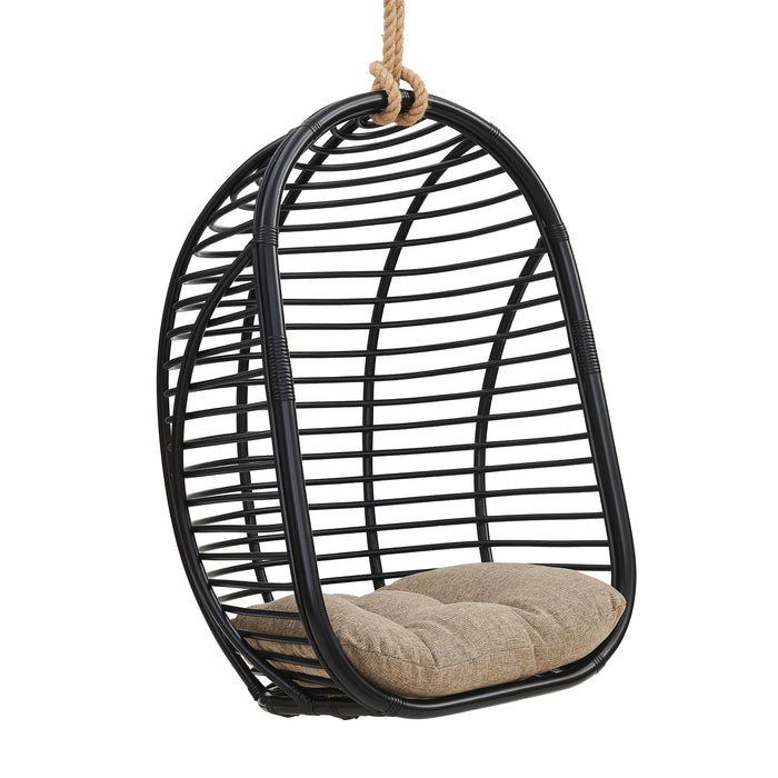 Modway Neve Open Rib Weave Natural Rattan Hanging Chair in Black - front view
