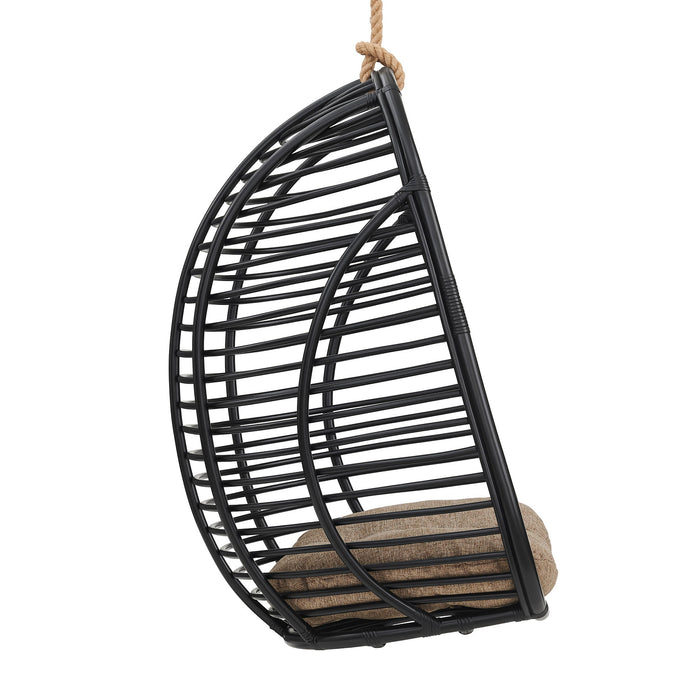 Modway Neve Open Rib Weave Natural Rattan Hanging Chair in Black - angled view