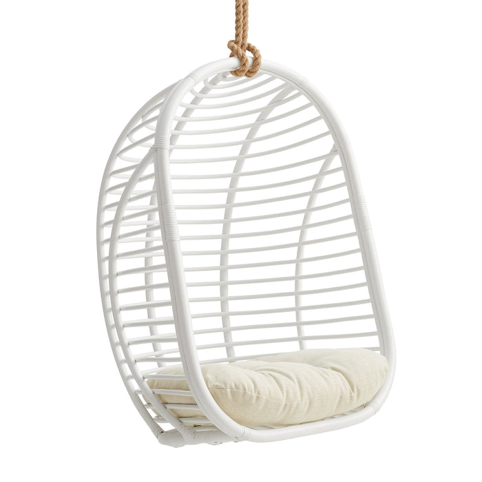Modway Neve Open Rib Weave Natural Rattan Hanging Chair in White - front view
