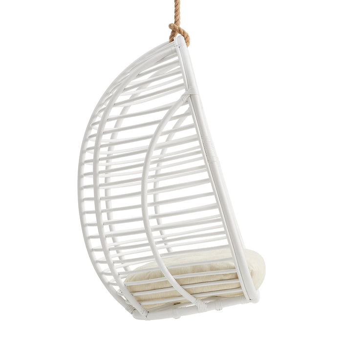 Modway Neve Open Rib Weave Natural Rattan Hanging Chair in White - angled view