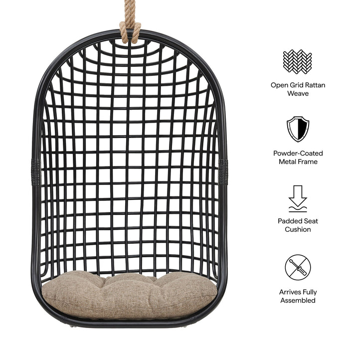 Modway Tamsin Open Grid Weave Natural Rattan Hanging Chair in Black - dimensions and specifications