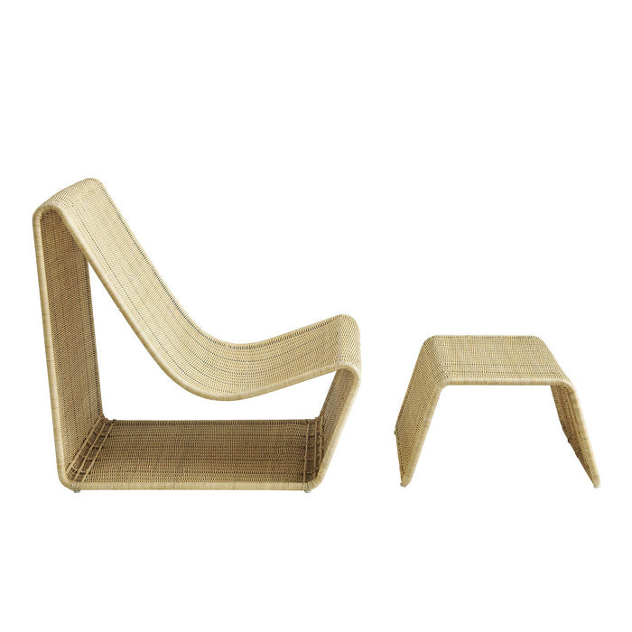 Modway Eira 2 Piece Continuous Curved Natural Rattan Lounge Chair and Ottoman Set in Natural Rattan - angled view
