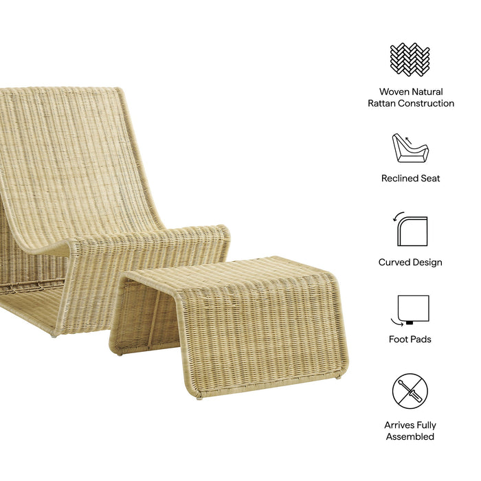 Modway Eira 2 Piece Continuous Curved Natural Rattan Lounge Chair and Ottoman Set in Natural Rattan - dimensions and specifications