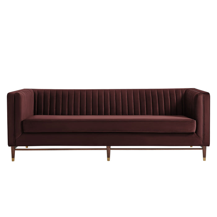 Modway Devote 93 Inch Performance Velvet Channel Tufted Sofa in Mulberry - detail view
