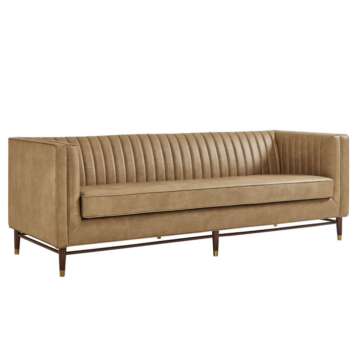 Modway Devote 93 Inch Vegan Leather Channel Tufted Sofa in Toast - front view