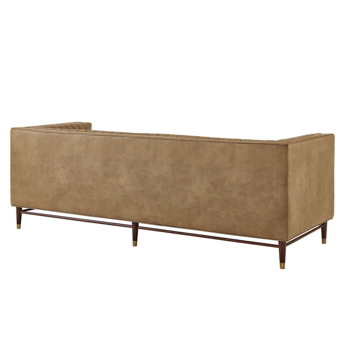 Modway Devote 93 Inch Vegan Leather Channel Tufted Sofa in Toast - side view