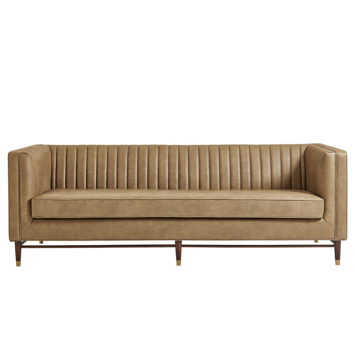 Modway Devote 93 Inch Vegan Leather Channel Tufted Sofa in Toast - detail view