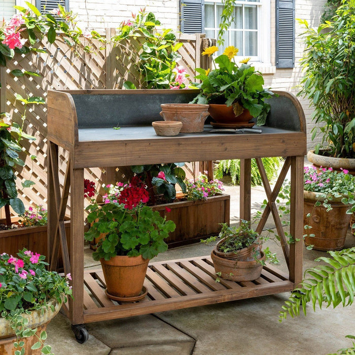 Park Hill Collection Garden Floral Zinc Top Potting Table EFT10532 Park Hill Collection