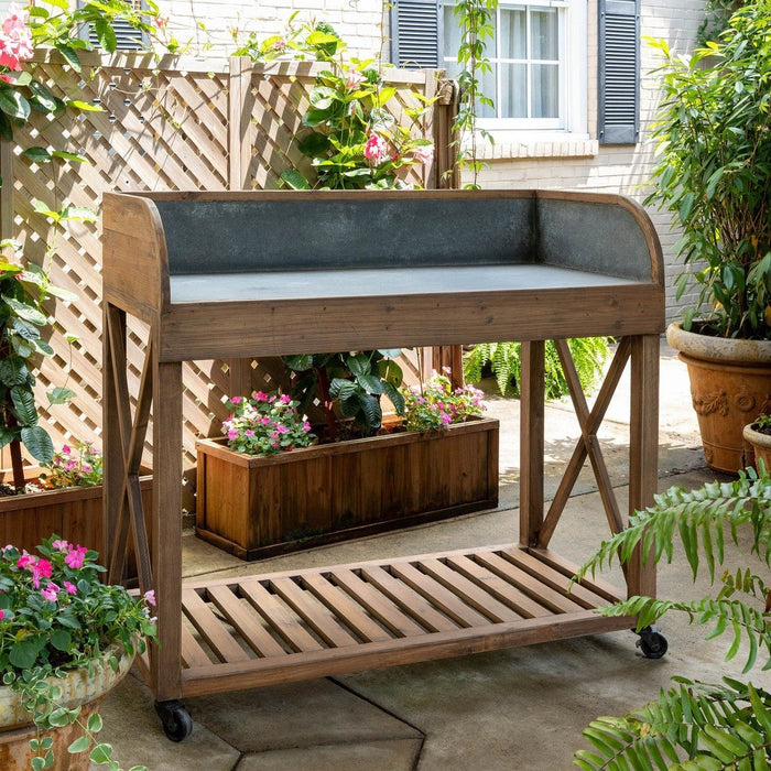 Park Hill Collection Garden Floral Zinc Top Potting Table EFT10532 Park Hill Collection