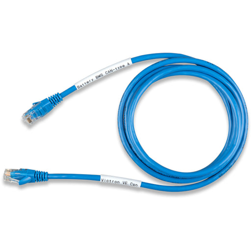 Victron VE.Can to CAN-bus BMS - Type A Cable - 1.8 m - Blue Ethernet communication cable coiled neatly with RJ45 connectors on both ends and labeled for identification.