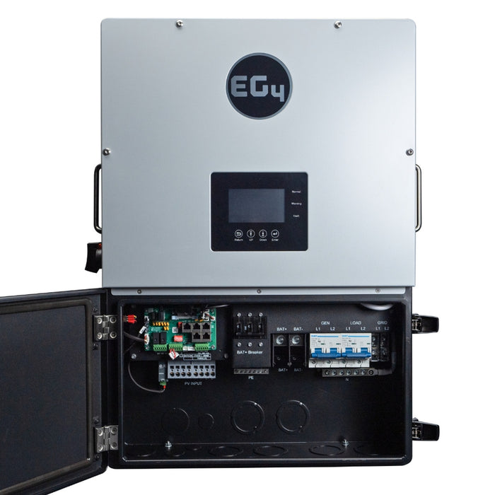 EG4 12kPV Essential Home Backup Power Bundle {BNDL-E0013} - Front face view of EG4 12kPV Inverter with door open and internal connections and breakers visible