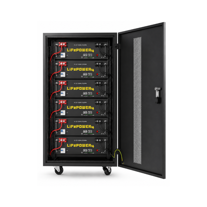 EG4 LifePower4 Lithium Batteries Kit - 30.72kWh - 6 Server Rack Batteries With Pre-Assembled Enclosed Rack - With Door & Wheels - Welded - Front view of EG4 LifePower4 V2 Lithium Batteries Kit showing 6 Server Rack Batteries With Pre-Assembled welded