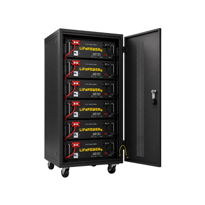 EG4 LifePower4 Lithium Batteries Kit - 30.72kWh - 6 Server Rack Batteries With Pre-Assembled Enclosed Rack - With Door & Wheels - Welded - Right turn 3/4 view of EG4 LifePower4 V2 Lithium Batteries Kit showing 6 Server Rack Batteries With Pre-Assembl
