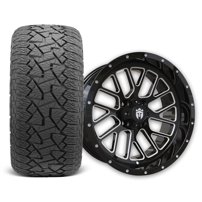 Empire Knight K2 15x7 Gloss Black with Milled Accents Wheel with X Comp Golf A/T Tire golf cart wheel and tire