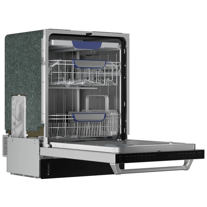 Empava EMPV-24BDW51 dishwasher with door open, side angle showing the three-rack interior