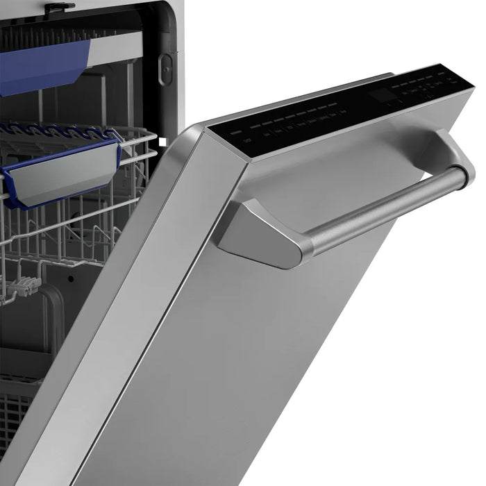 Close-up of the Empava EMPV-24BDW51 dishwasher door edge with top controls and towel-bar handle