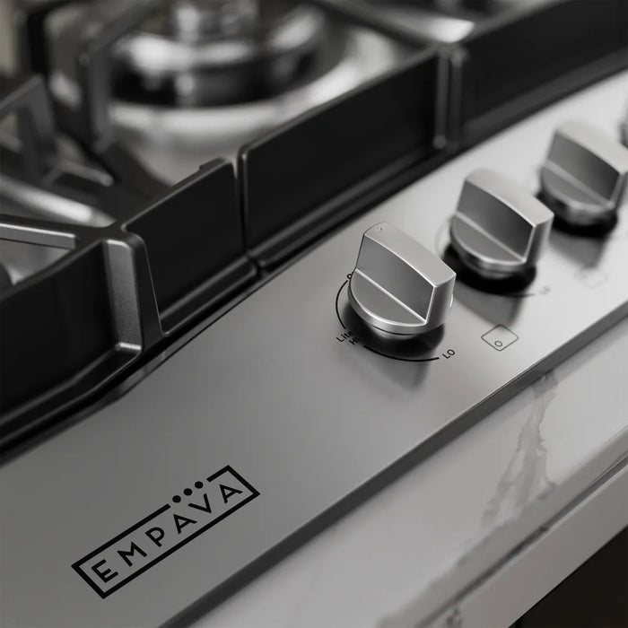 Close-up of the metal control knobs and Empava logo on the EMPV-30GC21-GX gas cooktop