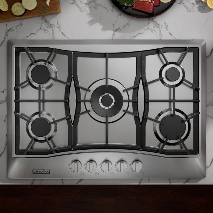 Overhead view of the Empava EMPV-30GC21-GX 5 burner gas cooktop installed in a marble countertop