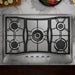 Overhead view of the Empava EMPV-30GC21-GX 5 burner gas cooktop installed in a marble countertop