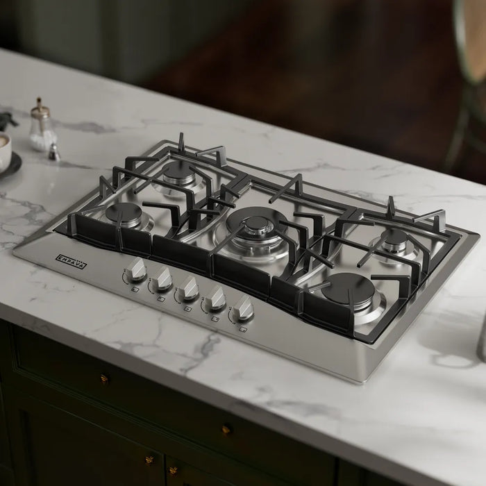Empava EMPV-30GC21-GX gas cooktop installed in a white marble countertop, kitchen scene