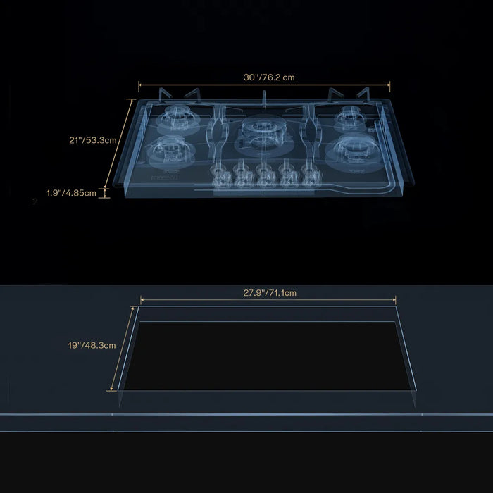Empava EMPV-30GC21-GX dimension diagram showing cooktop size and countertop cut-out