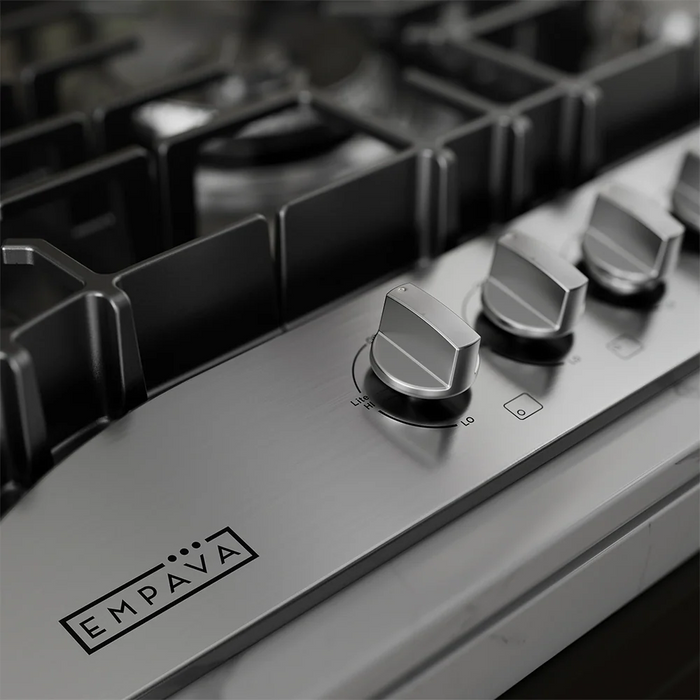 Close-up of the metal control knobs on the Empava EMPV-30GC5B70C-GX gas cooktop