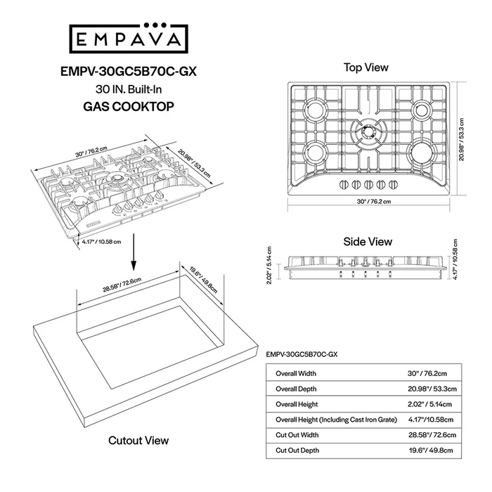 Empava EMPV-30GC5B70C-GX size chart with cooktop measurements