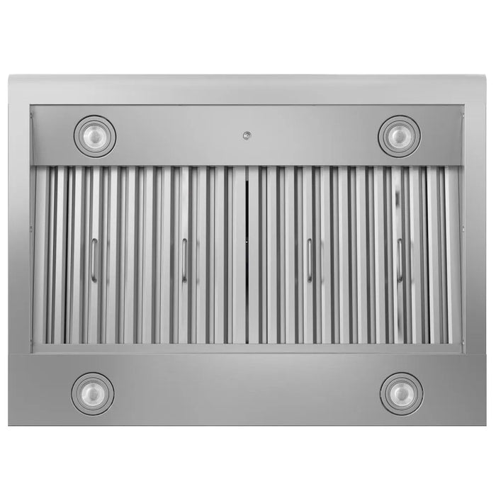 Underside of the Empava EMPV-30RH18 range hood with four LED lights and stainless steel filters