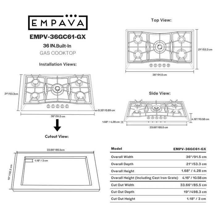 Empava EMPV-36GC61-GX gas cooktop, 36.02 x 21 x 3.78 inches, 48.06 lb