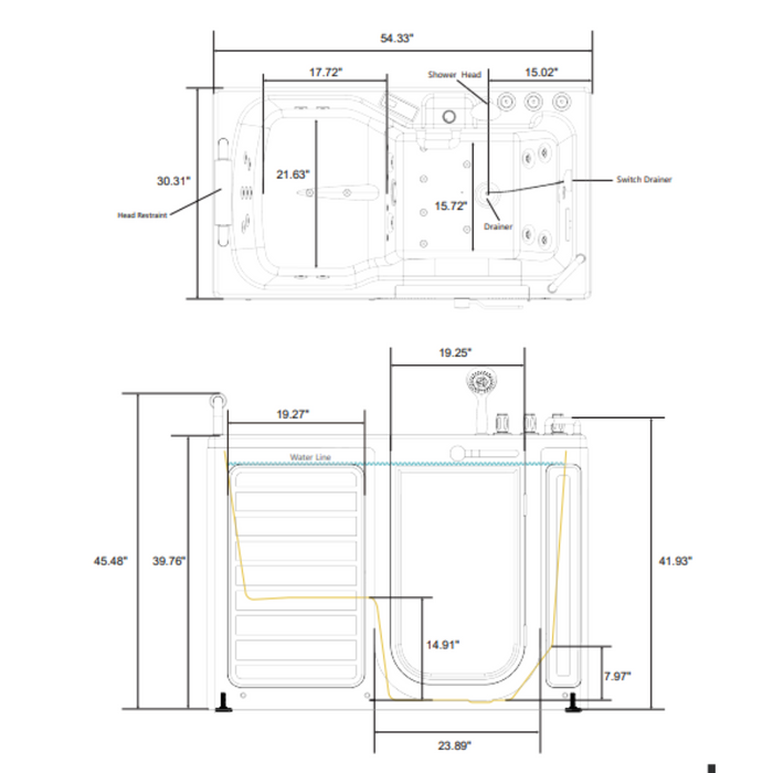 Empava 54" Alcove Inline Heater Whirlpool Walk-in Tub 2.0 Upgraded with Right Drain | EMPV-54WIT08