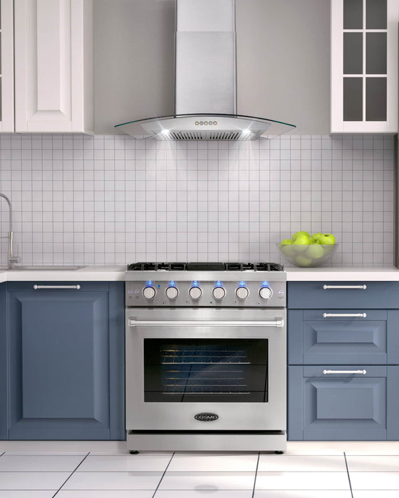 Cosmo 4-Piece Appliance Package - 30-Inch Gas Range, Wall Mount Range Hood, Dishwasher and Refrigerator with Water Dispenser in Stainless Steel (COS-4PKG-707) Cosmo
